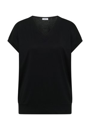 Blouse noire à manches courtes avec col en V et manches retroussées, ourlet droit et petite étiquette de marque à l'intérieur de l'encolure.