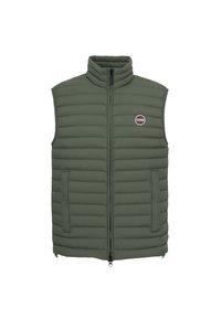 Green padded vest with high collar, front zipper, and side pockets. Features Colmar logo patch on the left chest. Smooth, lightweight material.