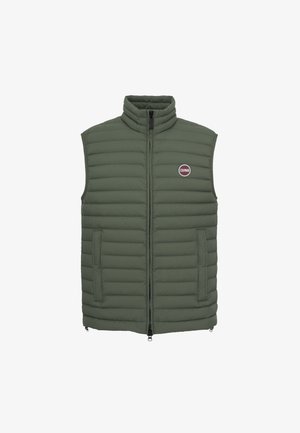 Green padded vest with high collar, front zipper, and side pockets. Features Colmar logo patch on the left chest. Smooth, lightweight material.