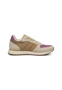 Sneaker med en beige ovandel, bruna läderdetaljer, lila detaljer och strukturerade sidor. Platt gummisula med ett mönster för bättre grepp.