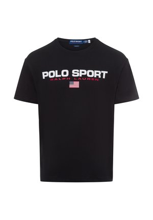 T-shirt noir à manches courtes avec "POLO SPORT" en blanc, "RALPH LAUREN" en rouge, et un petit drapeau américain centré en dessous du texte.