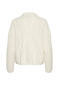Witte gebreide trui met kabelpatronen, een hoge kraag en lange mouwen. Zachte textuur en losse pasvorm, met decoratieve stiksels.