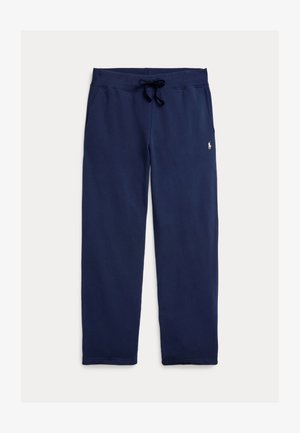Navyblauwe joggingbroek gemaakt van zacht katoen, met een tailleband met trekkoord en een klein logo op het bovenste gedeelte van het linkerbeen. Gladde textuur, rechte pijp.