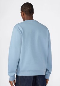 Sudadera azul claro con un corte relajado, puños y dobladillo acanalados. Textura suave. La vista trasera muestra un diseño sencillo sin logotipos ni detalles visibles.