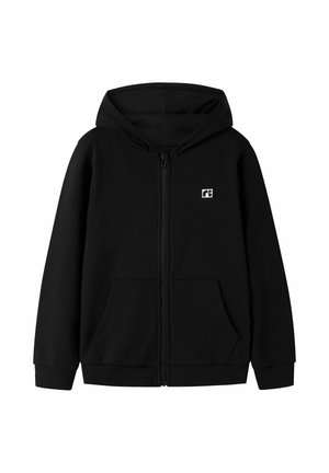 Sweat à capuche zippé noir avec poches avant et petit logo blanc sur la poitrine gauche, doté d'une capuche et de poignets et ourlet côtelés.