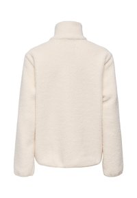 Veste en sherpa polaire couleur crème à manches longues avec un col montant, vue de dos sur fond blanc.