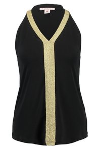 Svart ärmlös topp med v-ringning och en glittrande guldaccent nedanför mitten. Mjuk, slät tyg med en avslappnad passform.