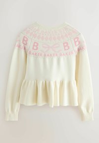 Suéter de manga larga crema con un yugo de estampado rosa que incluye letras "B", lazos y texto "BAKER", destacando un detalle de dobladillo acampanado.