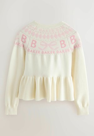 Cremfarbener Pullover mit langen Ärmeln und pinkem, gemustertem Einsatz, der die Buchstaben "B", Schleifen und den Text "BAKER" enthält, mit einem ausgestellten Saum.