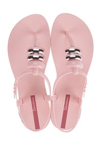 Ciabatte rosa senza lacci realizzate in materiale flessibile, con una suola texture, dettagli metallici e un design della fascia liscia.