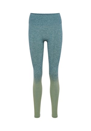 Bezszwowe legginsy z wysokim stanem, z gładkim przejściem tonalnym od koloru morsko-zielonego u góry do jasnego zielonego przy kostkach.