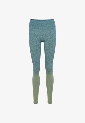 Nahtlose Leggings mit hohem Bund, die einen sanften Farbverlauf von Türkis oben bis Hellgrün an den Knöcheln aufweisen.