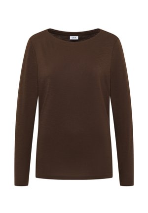 Bruine langwerpige blouse met lange mouwen, gemaakt van zacht, soepel stof. Heeft een ronde halslijn en een eenvoudig, klassiek ontwerp zonder patronen of accenten.