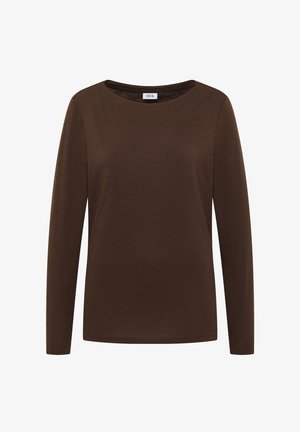 Chemise marron à manches longues en tissu doux et lisse. Présente un col rond et un design simple et classique sans motifs ni accents.