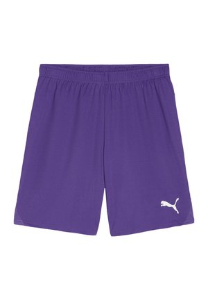 Paarse sportshorts met een elastische tailleband, voorzien van een wit logo aan de rechteronderzijde en een gladde, lichte stoftextuur.