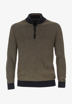 Gebreide pullover in donkerblauw en goud, met een ritskraag, gestructureerd oppervlak, geribbelde boorden en zoom. Van katoenmix materiaal.