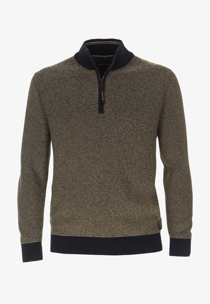 Knitted pullover in dark blue and gold, featuring a zip neck, textured surface, ribbed cuffs, and hem. Cotton blend material.