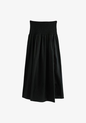 Sort nederdel med strikket talje, flydende design, knælængde og glat tekstur. Enkel og alsidig til forskellige lejligheder.