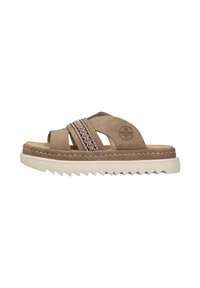 Brown suede slide sandal featuring two wide straps with decorative stitching, a textured sole, and a cushioned footbed.