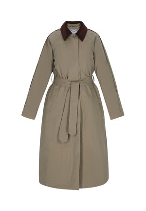 Beige trench coat with a brown suede collar, belted waist, long sleeves, and side pockets. Smooth fabric with a tailored fit.