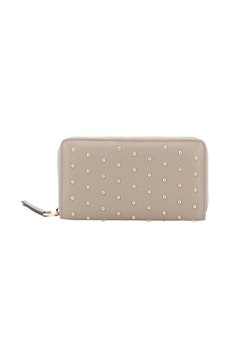 Beige leather wallet featuring a zip closure, adorned with evenly spaced gold studs across the front and a black leather zipper pull.