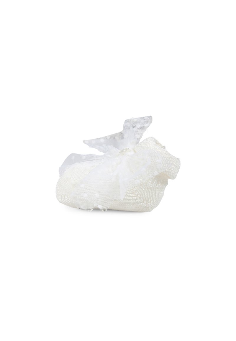 Scarpina bianca per neonato in maglia con superficie strutturata, caratterizzata da un nastro trasparente a pois e un piccolo bottone decorativo sul davanti.