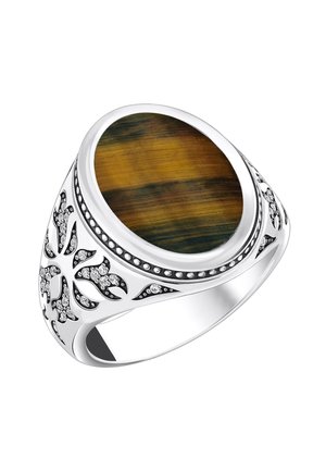 Silberner Ring mit einem ovalen Tigerauge-Stein in der Mitte und filigranen Blumenmustern, die mit kleinen Kristallen an den Seiten des Rings verziert sind.