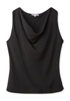 Top senza maniche nero con scollatura a cascata, realizzato in tessuto liscio. Presenta una forma aderente e orlo regolare, senza decorazioni né motivi.