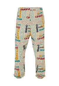 Multicolored sweatpants featuring a repeating graphic pattern with the word "DNGRS." Made of soft fabric, with cuffed hems and an elastic waistband.