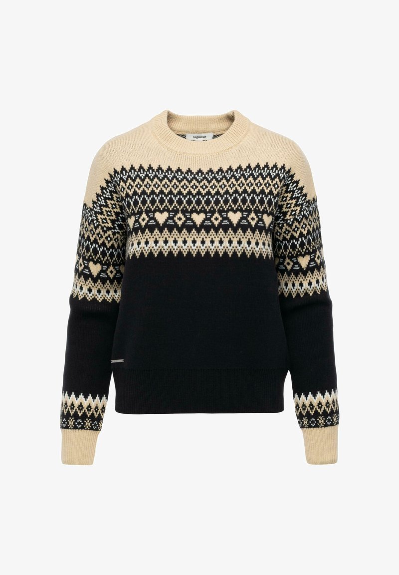 Maglione lavorato a maglia con colletto tondo, caratterizzato da un motivo geometrico nei toni crema, nero e beige. Maniche lunghe con polsini decorati.
