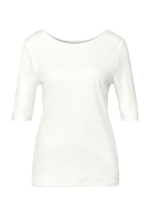 T-shirt bianco in cotone con scollatura ampia e maniche a tre quarti. Tessuto morbido con taglio dritto e senza pattern o dettagli visibili.