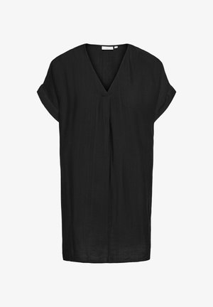 Losse zwarte jurk met korte mouwen, V-hals en plooi in het midden aan de voorkant, gemaakt van lichtgewicht gestructureerde stof.