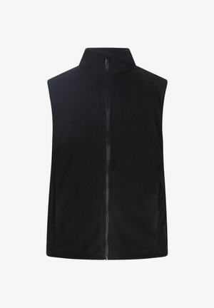 Fekete bolyhos mellény magas nyakkal és elől zippes kialakítással, sima textúrával, látható zsebek vagy díszítések nélkül.