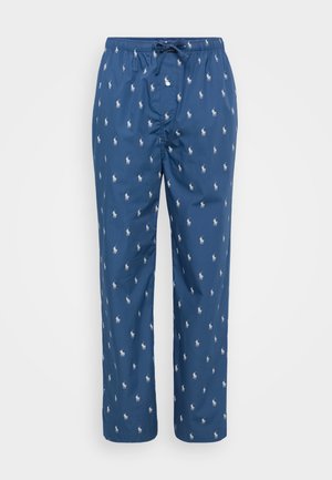 Pantaloni del pigiama blu navy con motivo di cavalli bianchi, vita elasticizzata, cordoncino e tasche laterali, realizzati in tessuto leggero.