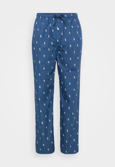 Pantalons de pyjama bleu marine avec un motif de chevaux blancs, taille élastique, cordon de serrage et poches latérales, fabriqués en tissu léger.