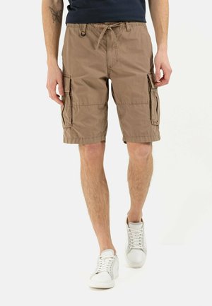 Beige Cargo-Shorts mit doppeltseitigen Taschen und elastischem Bund. Hergestellt aus leichtem Stoff, mit lockerer Passform und lässigem Design.