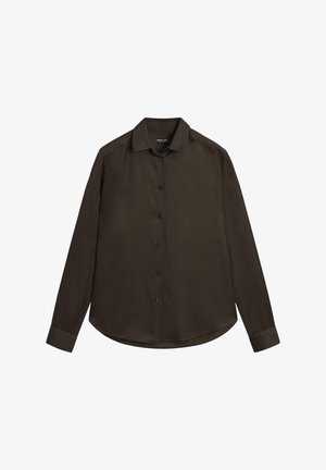 Dark brown long-sleeve shirt with a button-down collar, front buttons, and a curved hem. Made from a smooth, solid fabric.