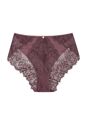 Bordowe majtki z wysokim stanem, z kwiecistym koronkowym wykończeniem po bokach, z gładkim środkiem i ozdobnym guzikiem w pasie.