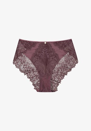 Bordowe majtki z wysokim stanem, z kwiecistym koronkowym wykończeniem po bokach, z gładkim środkiem i ozdobnym guzikiem w pasie.