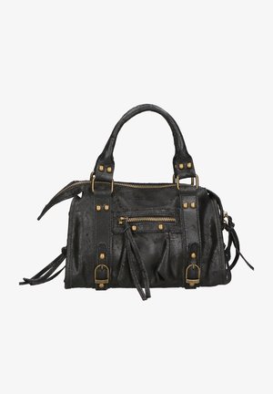 Black leather handbag with gold hardware, zippered pockets, braided accents, and dual top handles. Features a textured finish.