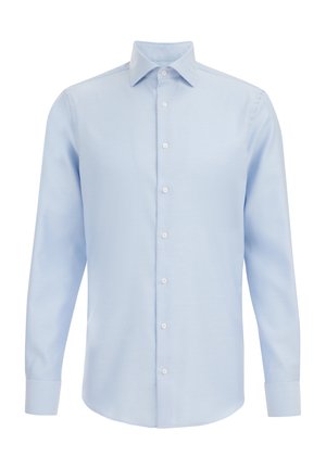 Világoskék, hosszú ujjú ing sima anyagból. Klasszikus gallérral, elöl gombos záródással és egysoros gombos mandzsettákkal rendelkezik.