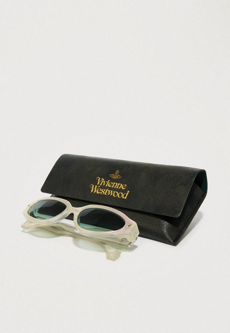Vivienne Westwood sunglasses with transparent frames and dark lenses, alongside a black textured case featuring gold logo detailing.