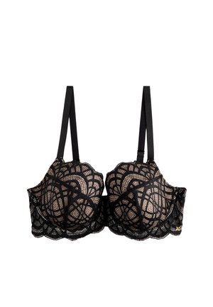 Schwarzer Spitzen-Balconette-BH mit wellenförmigen Kanten, aufwändigen geometrischen Mustern, verstellbaren Trägern und hellbeigem Futter darunter.