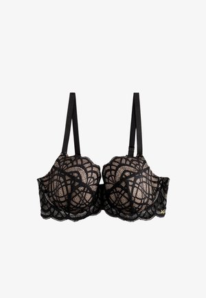 Sort blonde balconette-bh med bølgede kanter, indviklede geometriske mønstre, justerbare stropper og lys beige foring under.