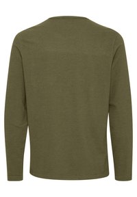 Long-sleeve, olive green shirt made from soft cotton material, featuring a classic crew neckline and a smooth texture.