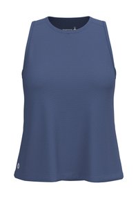 Débardeur de sport sans manches bleu en tissu texturé, avec un col rond et un logo subtil sur l'ourlet latéral.