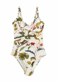 Maillot de bain une pièce blanc avec un imprimé floral comprenant des feuilles vertes et des fleurs colorées. Présente des bretelles fines et des détails froncés.