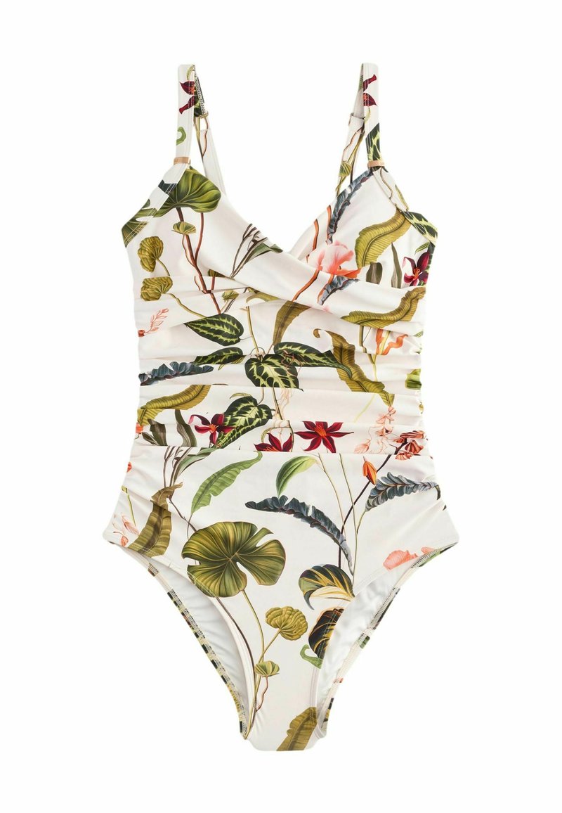 Maillot de bain une pièce blanc avec un imprimé floral comprenant des feuilles vertes et des fleurs colorées. Présente des bretelles fines et des détails froncés.