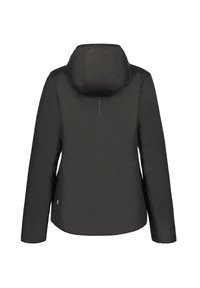 Giacca invernale nera con cappuccio, maniche lunghe, tessuto liscio e piccoli punti riflettenti lungo il centro della parte superiore della schiena.