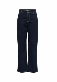 Mörkblå denimjeans med vid passform, med kontrasterande gul sömnad och en framknapppdetalj.